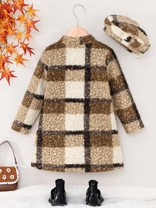 SHEIN Elladie kids 女童格紋大衣，時尚長袍，秋冬節日穿搭，校園風，立體蝴蝶結棕色格紋附帽子 - 卡其色 - 查看 2