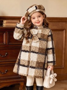 SHEIN Elladie kids 女童格紋大衣，時尚長袍，秋冬節日穿搭，校園風，立體蝴蝶結棕色格紋附帽子 - 卡其色 - 查看 1