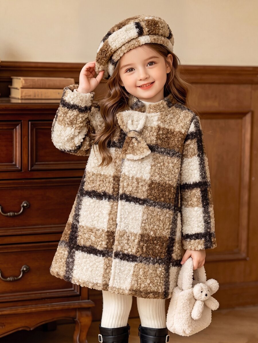 SHEIN Elladie kids 女童格紋大衣,時尚長袍,秋冬節日穿搭,校園風,立體蝴蝶結棕色格紋附帽子 - 卡其色 - 查看 1