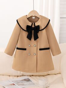 SHEIN Elladie kids 少女復古大衣，優雅時尚長袍，長袖上衣，秋冬校園風，3D蝴蝶結與雙排珍珠鈕扣 - 卡其色 - 查看 7