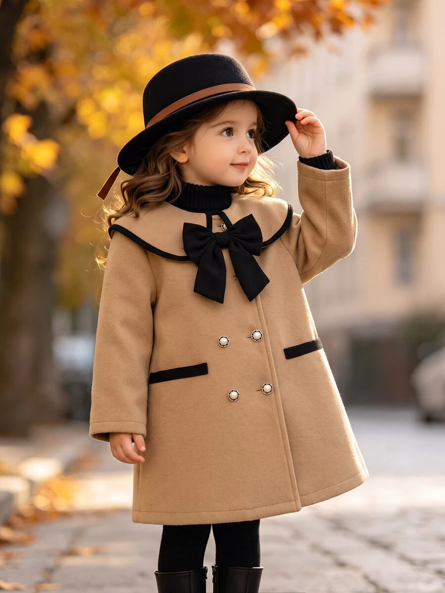 SHEIN Elladie kids 少女復古大衣，優雅時尚長袍，長袖上衣，秋冬校園風，3D蝴蝶結與雙排珍珠鈕扣