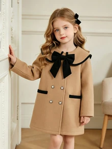 SHEIN Elladie kids 少女復古大衣，優雅時尚長袍，長袖上衣，秋冬校園風，3D蝴蝶結與雙排珍珠鈕扣 - 卡其色 - 查看 6