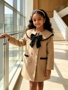 SHEIN Elladie kids 少女復古大衣，優雅時尚長袍，長袖上衣，秋冬校園風，3D蝴蝶結與雙排珍珠鈕扣 - 卡其色 - 查看 10