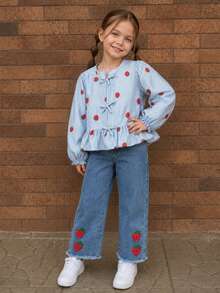 SHEIN Elladie kids 甜美鄉村風秋季女童蝴蝶結黃色提花長袖上衣與3D花朵裝飾牛仔褲2件套，適合秋季日常購物穿搭，秋冬加厚款 - 藍色 - 查看 3