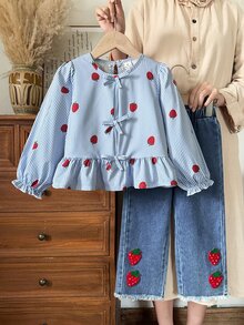 SHEIN Elladie kids 甜美鄉村風秋季女童蝴蝶結黃色提花長袖上衣與3D花朵裝飾牛仔褲2件套，適合秋季日常購物穿搭，秋冬加厚款 - 藍色 - 查看 4