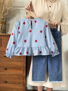 SHEIN Elladie kids 甜美鄉村風秋季女童蝴蝶結黃色提花長袖上衣與3D花朵裝飾牛仔褲2件套，適合秋季日常購物穿搭，秋冬加厚款 - 藍色 - 查看 2