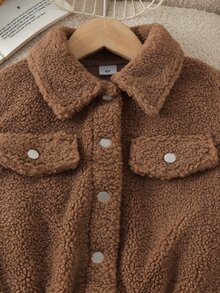 SHEIN Elladie kids 女童毛茸茸領長袖夾克，彈性下擺與袖口，秋冬保暖兒童外套，現代時尚夾克，適合外出、購物與拍照 - 棕色 - 查看 10