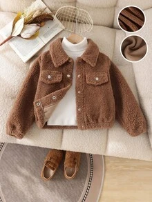 SHEIN Elladie kids 女童毛茸茸領長袖夾克，彈性下擺與袖口，秋冬保暖兒童外套，現代時尚夾克，適合外出、購物與拍照 - 棕色 - 查看 8