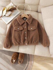 SHEIN Elladie kids 女童毛茸茸領長袖夾克，彈性下擺與袖口，秋冬保暖兒童外套，現代時尚夾克，適合外出、購物與拍照 - 棕色 - 查看 11