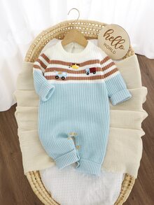 SHEIN Infant Car Embroidered Sweater Romper, Striped Patchwork Design, Cute Long Sleeve Jumpsuit For Baby Boys - Baby Blue - View 3