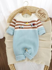 SHEIN Infant Car Embroidered Sweater Romper, Striped Patchwork Design, Cute Long Sleeve Jumpsuit For Baby Boys - Baby Blue - View 8