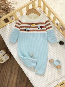 SHEIN Infant Car Embroidered Sweater Romper, Striped Patchwork Design, Cute Long Sleeve Jumpsuit For Baby Boys - Baby Blue - View 7