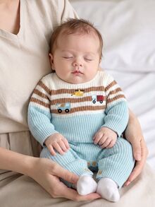 SHEIN Infant Car Embroidered Sweater Romper, Striped Patchwork Design, Cute Long Sleeve Jumpsuit For Baby Boys - Baby Blue - View 1