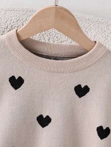 SHEIN 少女杏色時尚蝴蝶結圖案提花針織長袖套頭毛衣 - 白色 - 查看 4