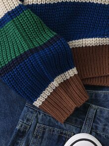 SHEIN Girls (Big) Sweater, Long Sleeve Multi-Color Striped Bear Embroidery Twisted Rope Pullover, Suitable For Spring, Autumn, Winter, Pairs With Jeans, Jackets, Cotton Coats - Multicolor - View 6