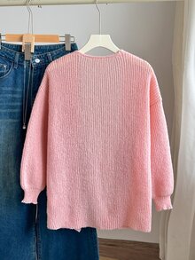 SHEIN 少女甜美百搭長袖針織開襟衫，適合日常穿著 - 淺粉色 - 查看 2