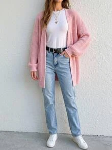 SHEIN 少女甜美百搭長袖針織開襟衫，適合日常穿著 - 淺粉色 - 查看 7