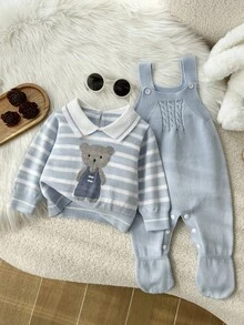 SHEIN Fashion Cute Baby Boys Knit Set, Bear Pattern Lapel Sweater Top & Footed Overalls Pullover - Blue - View 4
