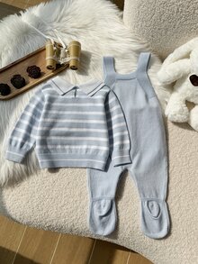 SHEIN Fashion Cute Baby Boys Knit Set, Bear Pattern Lapel Sweater Top & Footed Overalls Pullover - Blue - View 2