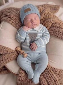 SHEIN Fashion Cute Baby Boys Knit Set, Bear Pattern Lapel Sweater Top & Footed Overalls Pullover - Blue - View 9