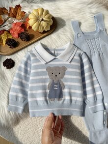 SHEIN Fashion Cute Baby Boys Knit Set, Bear Pattern Lapel Sweater Top & Footed Overalls Pullover - Blue - View 5