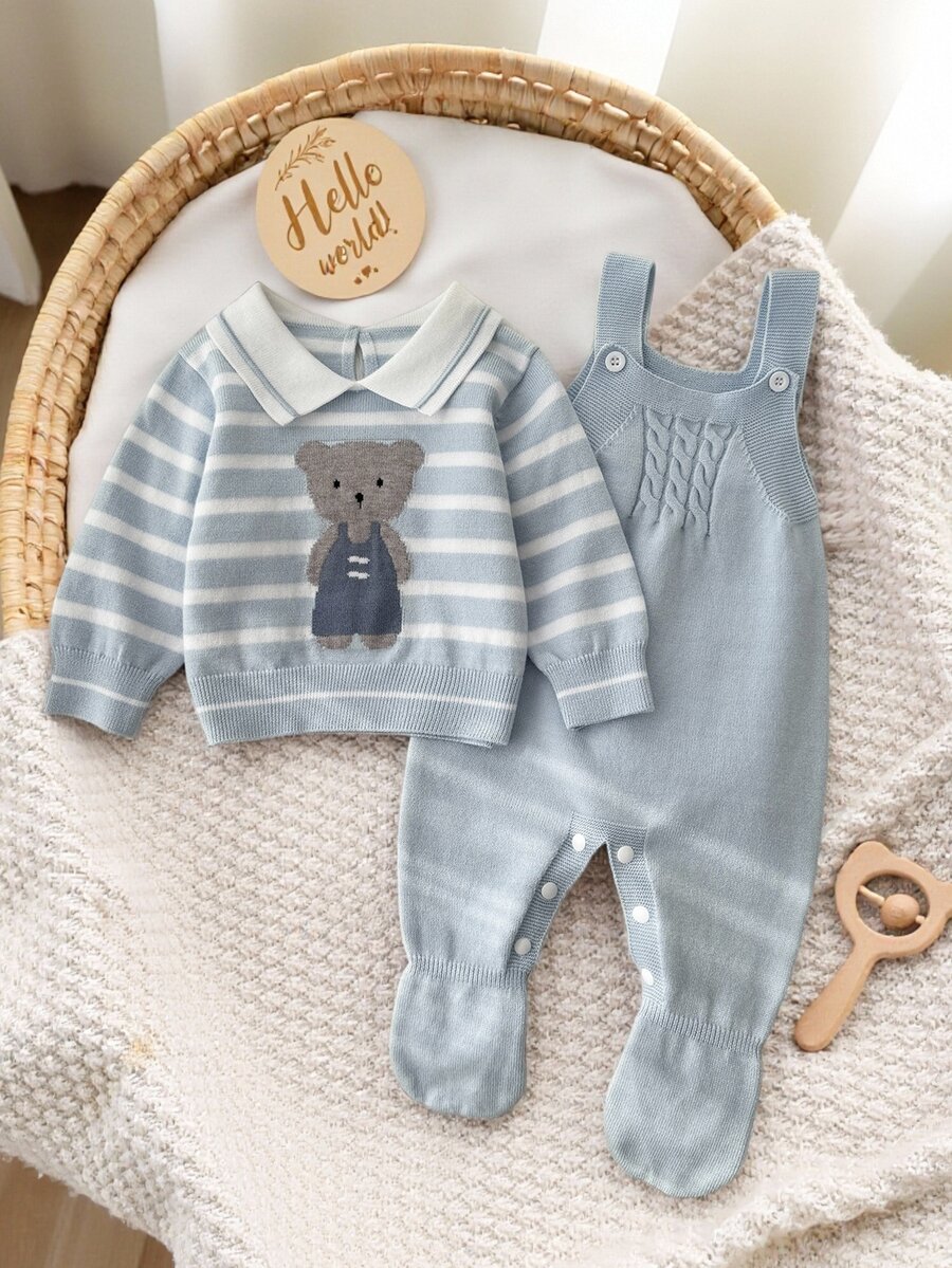 SHEIN Fashion Cute Baby Boys Knit Set, Bear Pattern Lapel Sweater Top & Footed Overalls Pullover - Blue - View 1