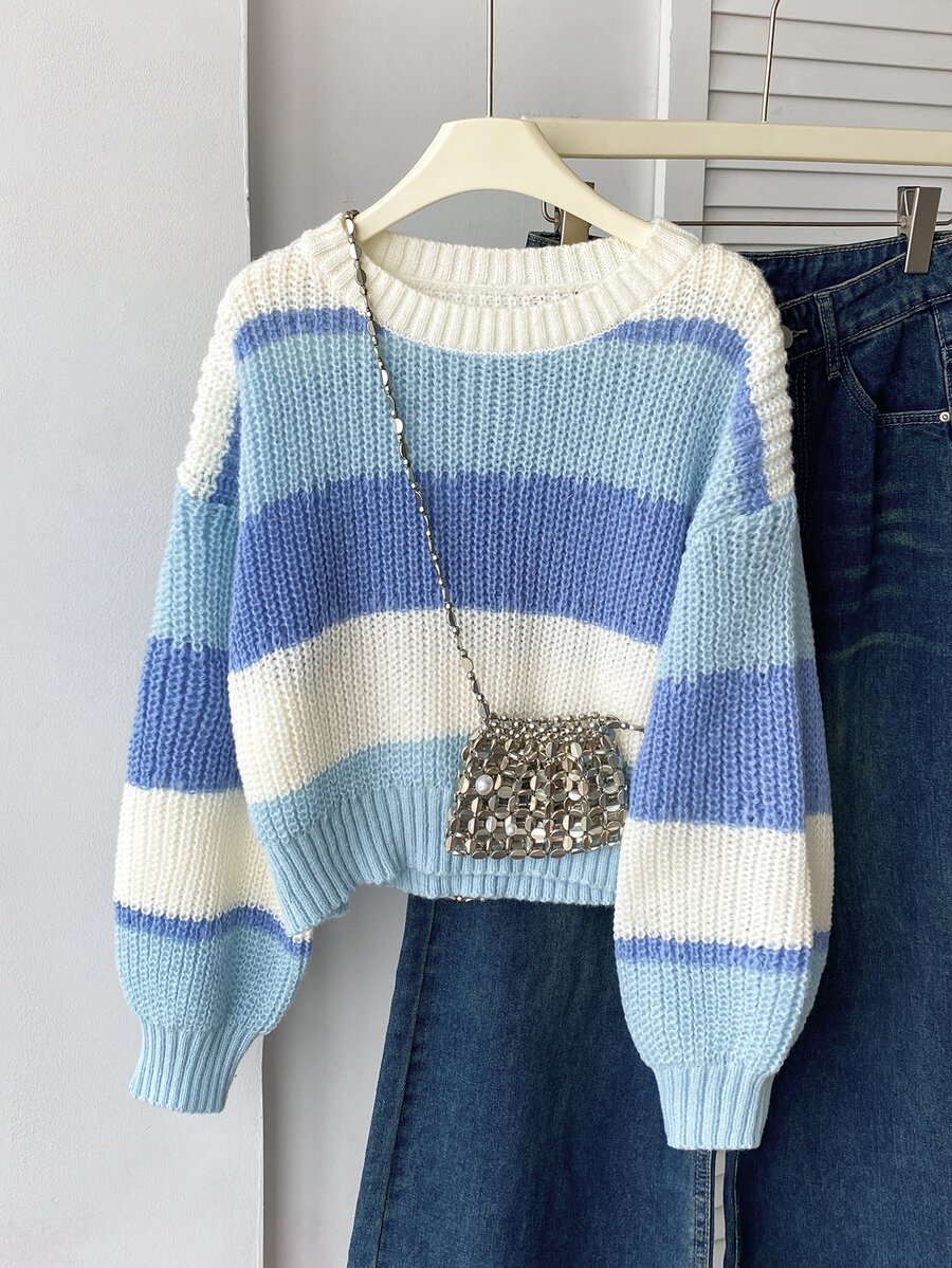 SHEIN Girls' Pullover Sweater Round Neck Color Block Blue And White Striped Short Length Casual Cool Autumn/Winter School Outings Travel - Multicolor - View 1