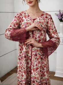 Yasmyna V領蕾絲袖口花卉印花阿拉伯風連帽頭巾洋裝 - 紅色 - 查看 2