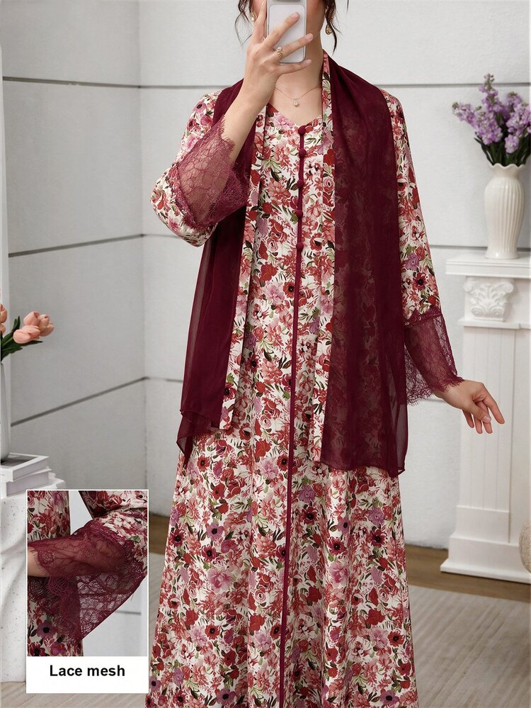 Yasmyna V-Neck Lace Cuff Floral Print Arabian Dress With Hijab - Red - View 1