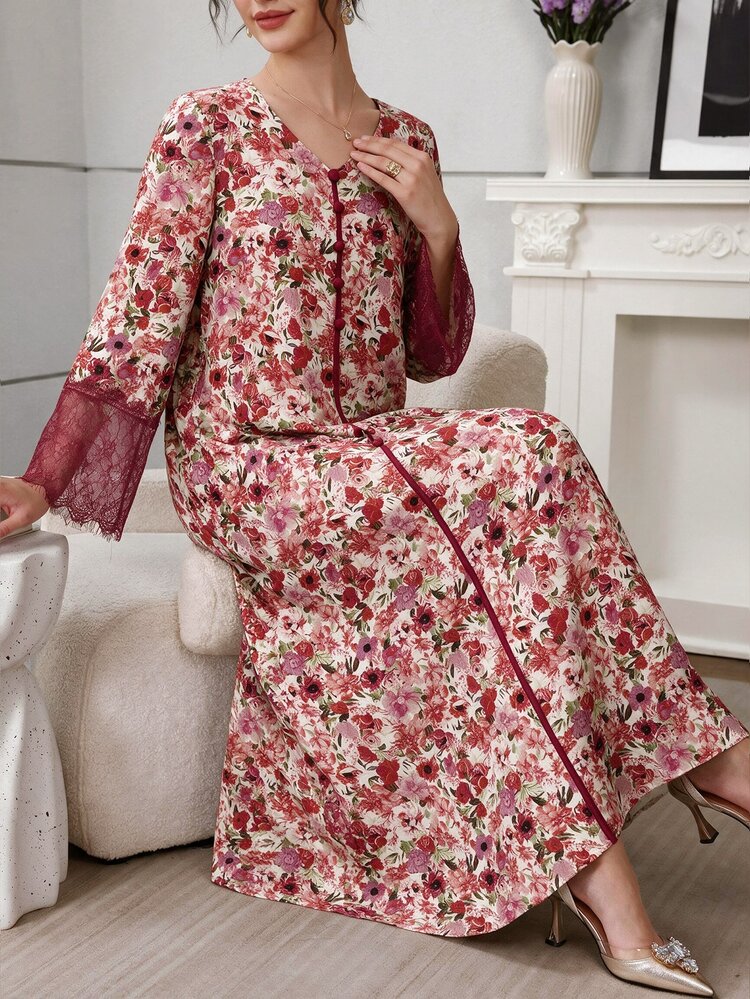 Yasmyna V-Neck Lace Cuff Floral Print Arabian Dress With Hijab - Red - View 6