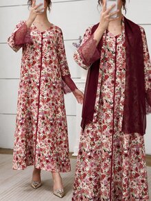 Yasmyna V領蕾絲袖口花卉印花阿拉伯風連帽頭巾洋裝 - 紅色 - 查看 7