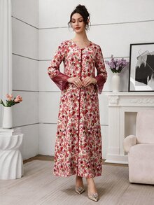Yasmyna V領蕾絲袖口花卉印花阿拉伯風連帽頭巾洋裝 - 紅色 - 查看 4