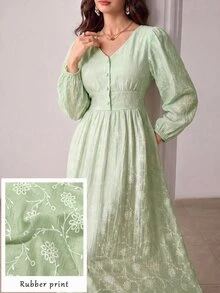 Modelyn V-Neck Lantern Sleeve Textured Jacquard Front Button Light Green Dress Holiday Floral Dress Teacher Picnic Party Autumn Tropical Tropicoquette - Green - View 9