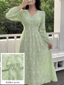 Modelyn V-Neck Lantern Sleeve Textured Jacquard Front Button Light Green Dress Holiday Floral Dress Teacher Picnic Party Autumn Tropical Tropicoquette - Green - View 2