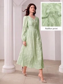 Modelyn V-Neck Lantern Sleeve Textured Jacquard Front Button Light Green Dress Holiday Floral Dress Teacher Picnic Party Autumn Tropical Tropicoquette - Green - View 7