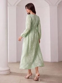 Modelyn V-Neck Lantern Sleeve Textured Jacquard Front Button Light Green Dress Holiday Floral Dress Teacher Picnic Party Autumn Tropical Tropicoquette - Green - View 6