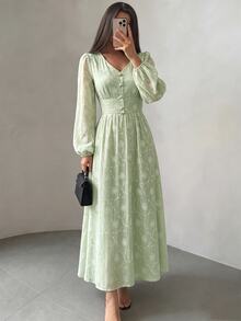 Modelyn V-Neck Lantern Sleeve Textured Jacquard Front Button Light Green Dress Holiday Floral Dress Teacher Picnic Party Autumn Tropical Tropicoquette - Green - View 3