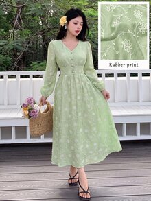Modelyn V-Neck Lantern Sleeve Textured Jacquard Front Button Light Green Dress Holiday Floral Dress Teacher Picnic Party Autumn Tropical Tropicoquette - Green - View 5