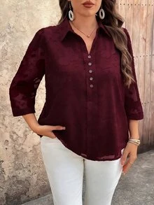 EMERY ROSE Plus Size Women's Chiffon Jacquard V-Neck 3/4 Sleeve Button Decor Casual Elegant Blouse Button Up Shirts For Casual Formal Office Burgundy Autumn Fall - Burgundy - View 8
