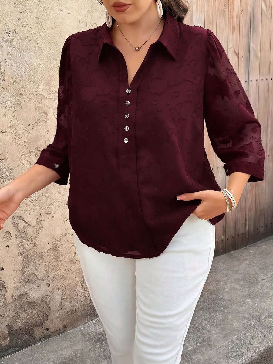 EMERY ROSE Plus Size Women's Chiffon Jacquard V-Neck 3/4 Sleeve Button Decor Casual Elegant Blouse Button Up Shirts For Casual Formal Office Burgundy Autumn Fall - Burgundy - View 1