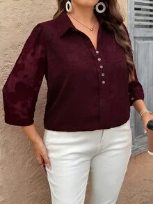 EMERY ROSE Plus Size Women's Chiffon Jacquard V-Neck 3/4 Sleeve Button Decor Casual Elegant Blouse Button Up Shirts For Casual Formal Office Burgundy Autumn Fall - Burgundy - View 9