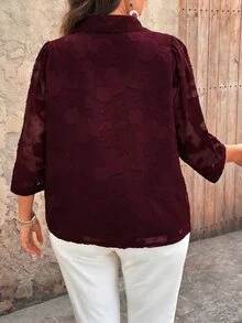 EMERY ROSE Plus Size Women's Chiffon Jacquard V-Neck 3/4 Sleeve Button Decor Casual Elegant Blouse Button Up Shirts For Casual Formal Office Burgundy Autumn Fall - Burgundy - View 2