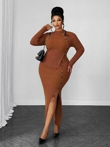 Maweii Plus Size Autumn Fashion Cardigan & Knit Skirt Set Winter - Chocolate Brown - View 3