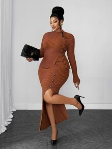 Maweii Plus Size Autumn Fashion Cardigan & Knit Skirt Set Winter - Chocolate Brown - View 6