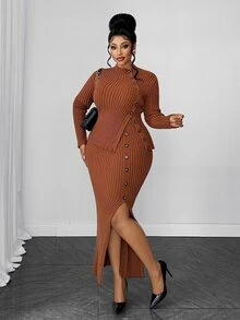 Maweii Plus Size Autumn Fashion Cardigan & Knit Skirt Set Winter - Chocolate Brown - View 2