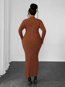 Maweii Plus Size Autumn Fashion Cardigan & Knit Skirt Set Winter - Chocolate Brown - View 4