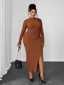 Maweii Plus Size Autumn Fashion Cardigan & Knit Skirt Set Winter - Chocolate Brown - View 5