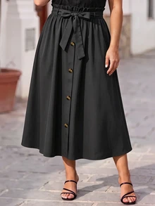 EMERY ROSE Plus Size Women's Solid Color Simple Daily Wear Belted Skirt Fall - Black - View 3