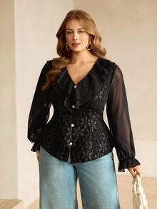 Roveilla Plus Size Jacquard Embroidered Double Layer Ruffle Collar Chiffon Patchwork Long Sleeve Cinched Waist Blouse Wedding Guest Black Summer Decent Elegant - Black - View 6