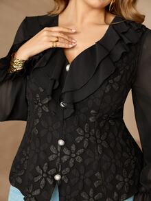 Roveilla Plus Size Jacquard Embroidered Double Layer Ruffle Collar Chiffon Patchwork Long Sleeve Cinched Waist Blouse Wedding Guest Black Summer Decent Elegant - Black - View 1